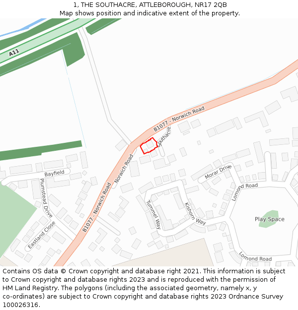 1, THE SOUTHACRE, ATTLEBOROUGH, NR17 2QB: Location map and indicative extent of plot