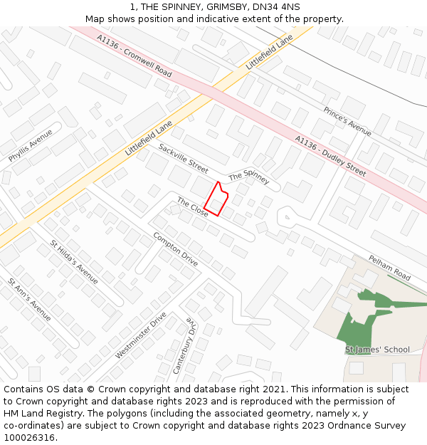 1, THE SPINNEY, GRIMSBY, DN34 4NS: Location map and indicative extent of plot