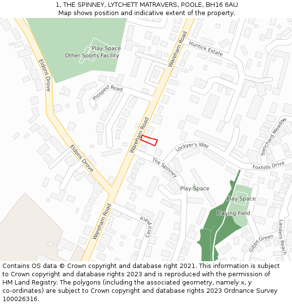 1, THE SPINNEY, LYTCHETT MATRAVERS, POOLE, BH16 6AU: Location map and indicative extent of plot
