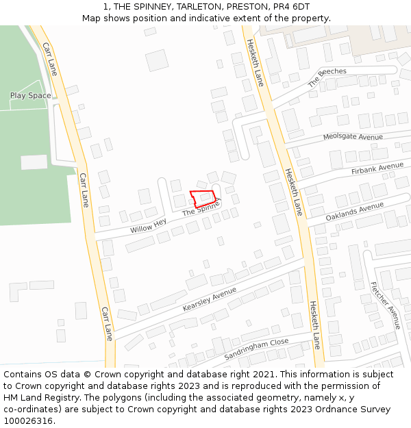 1, THE SPINNEY, TARLETON, PRESTON, PR4 6DT: Location map and indicative extent of plot