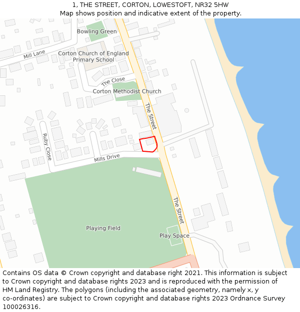 1, THE STREET, CORTON, LOWESTOFT, NR32 5HW: Location map and indicative extent of plot