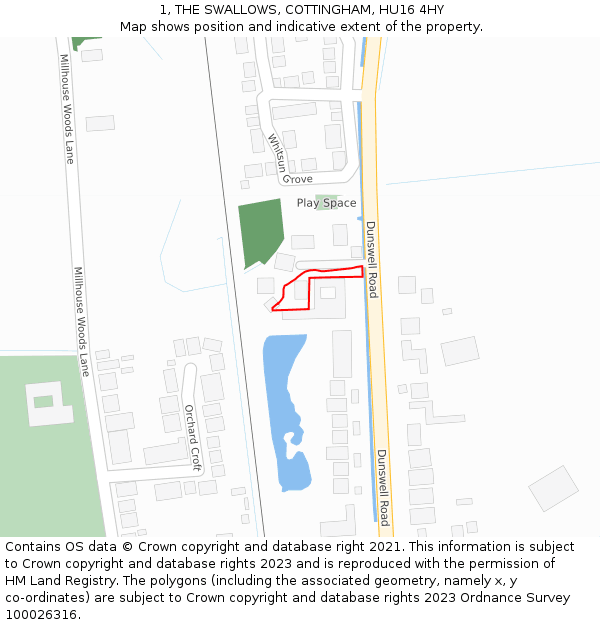 1, THE SWALLOWS, COTTINGHAM, HU16 4HY: Location map and indicative extent of plot