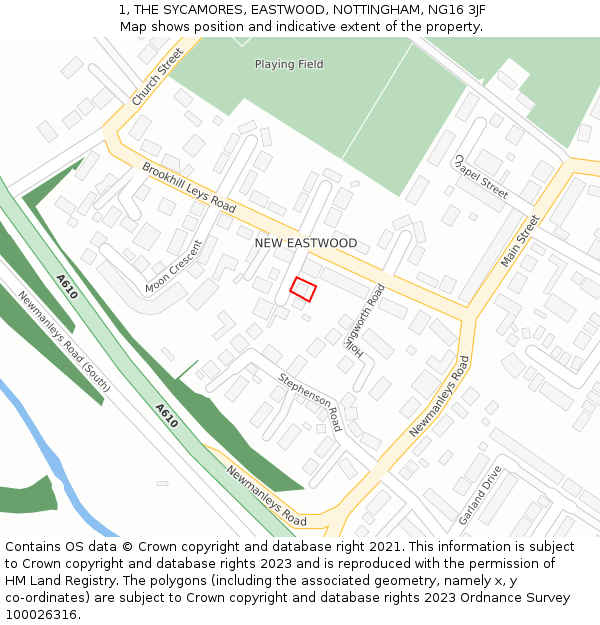 1, THE SYCAMORES, EASTWOOD, NOTTINGHAM, NG16 3JF: Location map and indicative extent of plot