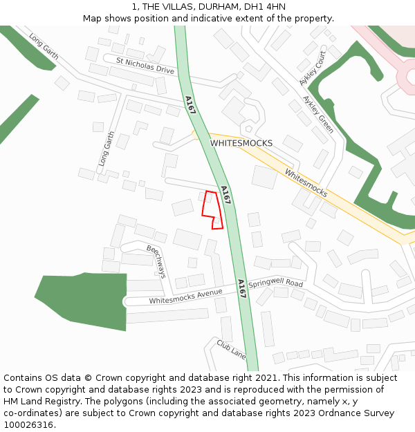 1, THE VILLAS, DURHAM, DH1 4HN: Location map and indicative extent of plot