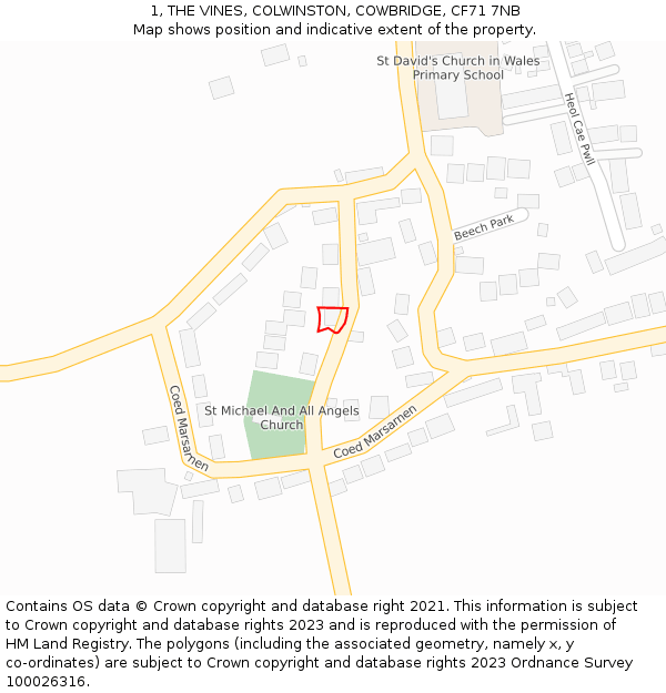 1, THE VINES, COLWINSTON, COWBRIDGE, CF71 7NB: Location map and indicative extent of plot