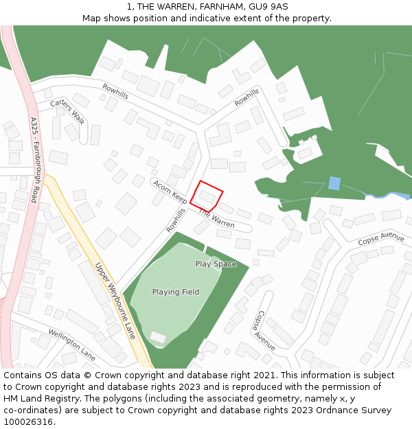 1, THE WARREN, FARNHAM, GU9 9AS: Location map and indicative extent of plot