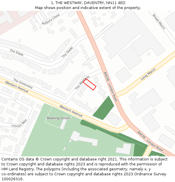 1, THE WESTWAY, DAVENTRY, NN11 4ED: Location map and indicative extent of plot