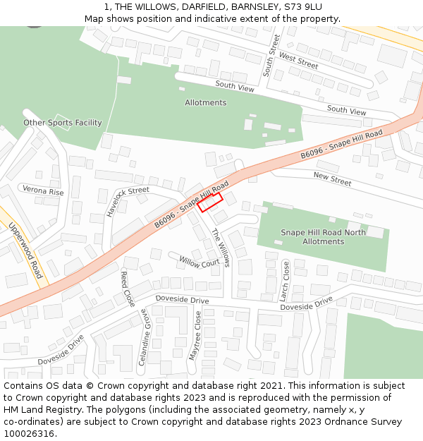 1, THE WILLOWS, DARFIELD, BARNSLEY, S73 9LU: Location map and indicative extent of plot