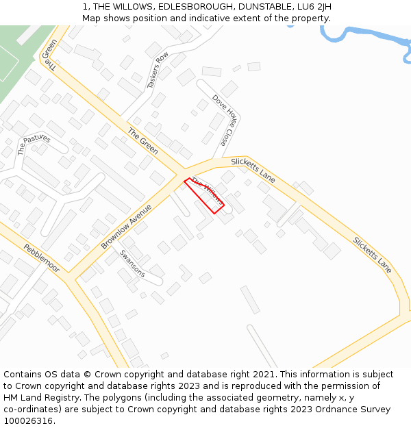 1, THE WILLOWS, EDLESBOROUGH, DUNSTABLE, LU6 2JH: Location map and indicative extent of plot