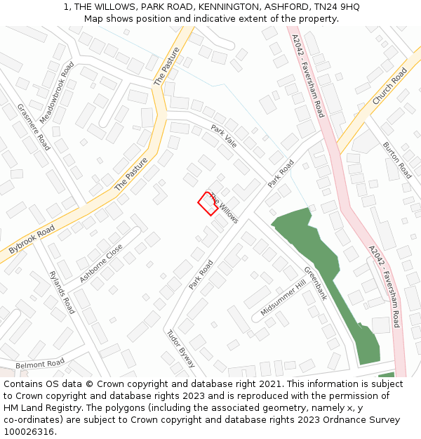 1, THE WILLOWS, PARK ROAD, KENNINGTON, ASHFORD, TN24 9HQ: Location map and indicative extent of plot