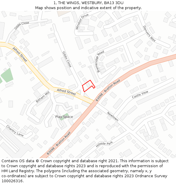 1, THE WINGS, WESTBURY, BA13 3DU: Location map and indicative extent of plot