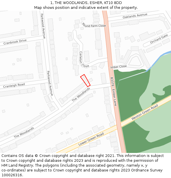 1, THE WOODLANDS, ESHER, KT10 8DD: Location map and indicative extent of plot