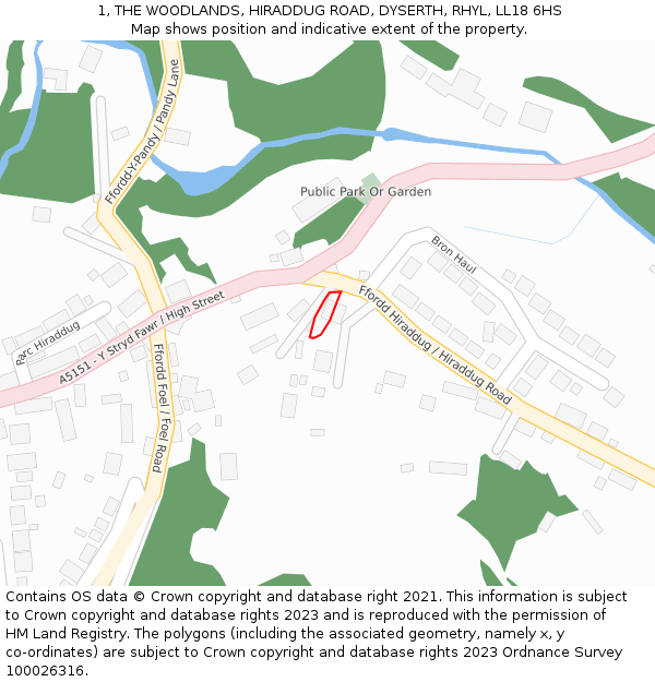 1, THE WOODLANDS, HIRADDUG ROAD, DYSERTH, RHYL, LL18 6HS: Location map and indicative extent of plot