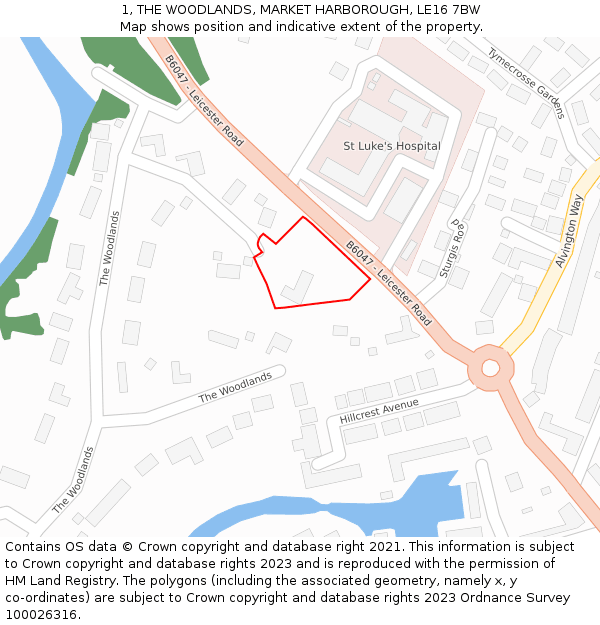 1, THE WOODLANDS, MARKET HARBOROUGH, LE16 7BW: Location map and indicative extent of plot