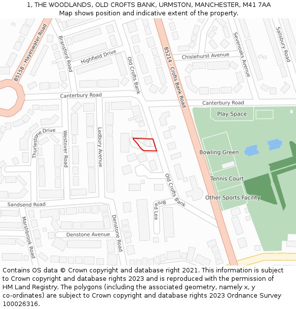 1, THE WOODLANDS, OLD CROFTS BANK, URMSTON, MANCHESTER, M41 7AA: Location map and indicative extent of plot