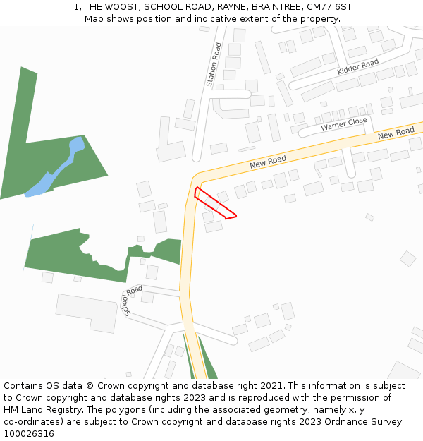 1, THE WOOST, SCHOOL ROAD, RAYNE, BRAINTREE, CM77 6ST: Location map and indicative extent of plot