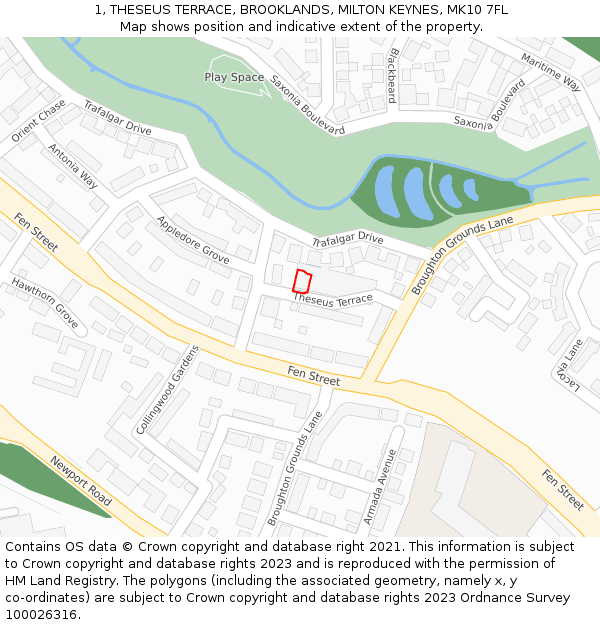 1, THESEUS TERRACE, BROOKLANDS, MILTON KEYNES, MK10 7FL: Location map and indicative extent of plot