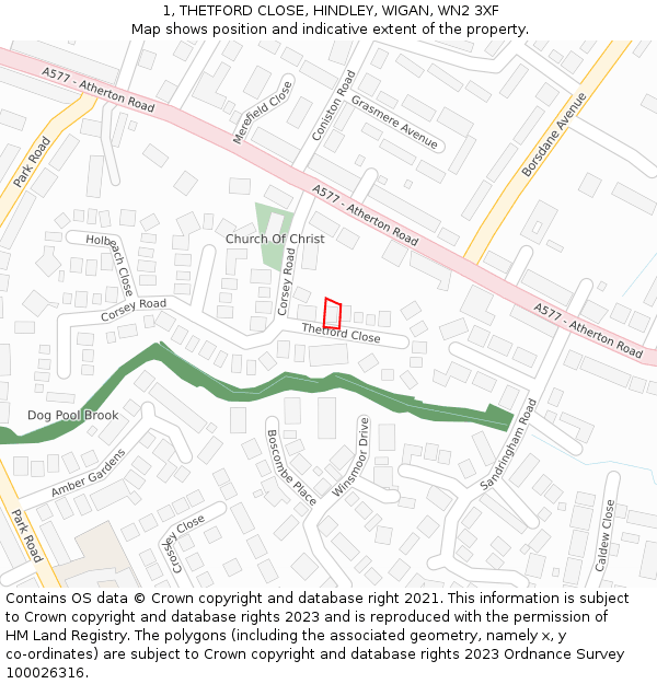 1, THETFORD CLOSE, HINDLEY, WIGAN, WN2 3XF: Location map and indicative extent of plot