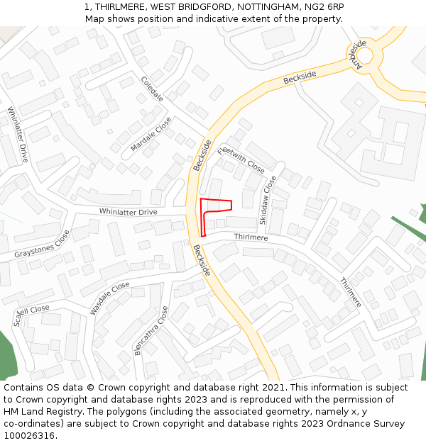 1, THIRLMERE, WEST BRIDGFORD, NOTTINGHAM, NG2 6RP: Location map and indicative extent of plot