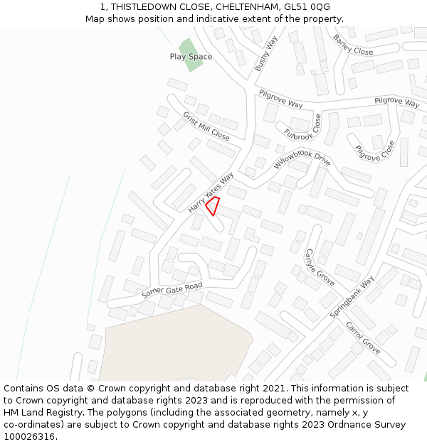 1, THISTLEDOWN CLOSE, CHELTENHAM, GL51 0QG: Location map and indicative extent of plot