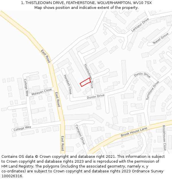 1, THISTLEDOWN DRIVE, FEATHERSTONE, WOLVERHAMPTON, WV10 7SX: Location map and indicative extent of plot