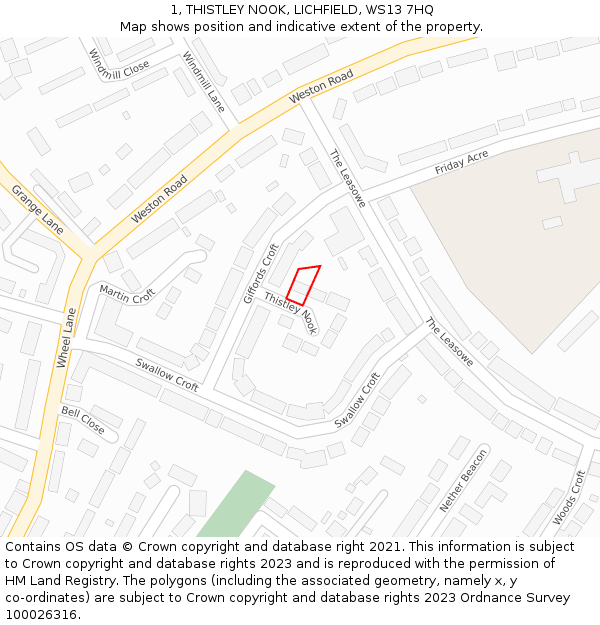 1, THISTLEY NOOK, LICHFIELD, WS13 7HQ: Location map and indicative extent of plot