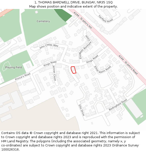 1, THOMAS BARDWELL DRIVE, BUNGAY, NR35 1SQ: Location map and indicative extent of plot