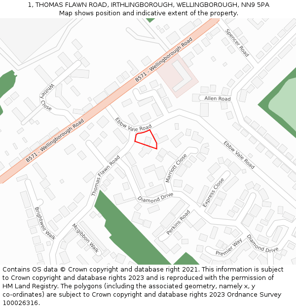 1, THOMAS FLAWN ROAD, IRTHLINGBOROUGH, WELLINGBOROUGH, NN9 5PA: Location map and indicative extent of plot