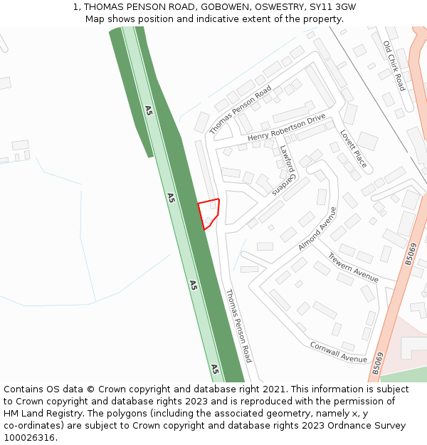 1, THOMAS PENSON ROAD, GOBOWEN, OSWESTRY, SY11 3GW: Location map and indicative extent of plot