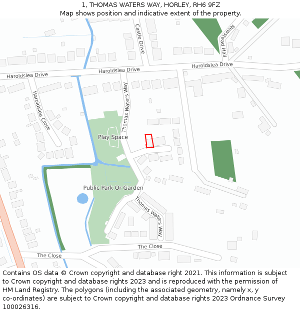 1, THOMAS WATERS WAY, HORLEY, RH6 9FZ: Location map and indicative extent of plot