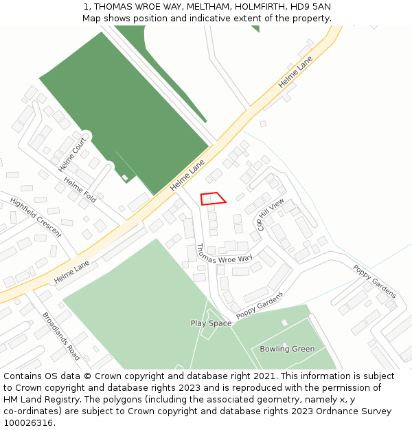 1, THOMAS WROE WAY, MELTHAM, HOLMFIRTH, HD9 5AN: Location map and indicative extent of plot