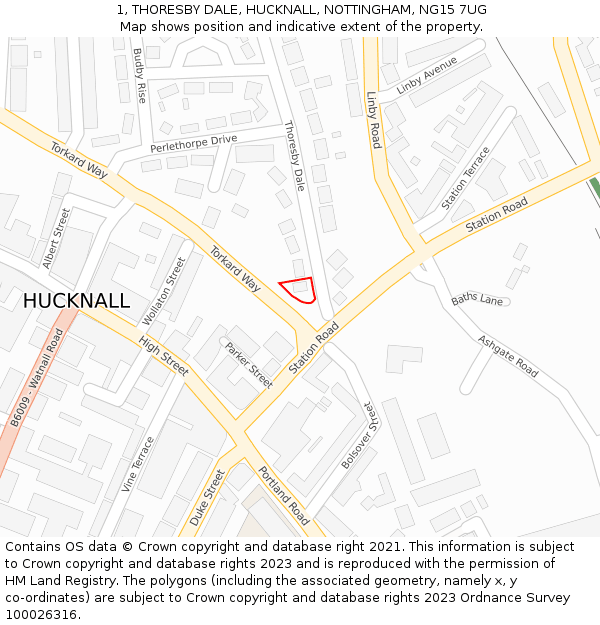 1, THORESBY DALE, HUCKNALL, NOTTINGHAM, NG15 7UG: Location map and indicative extent of plot