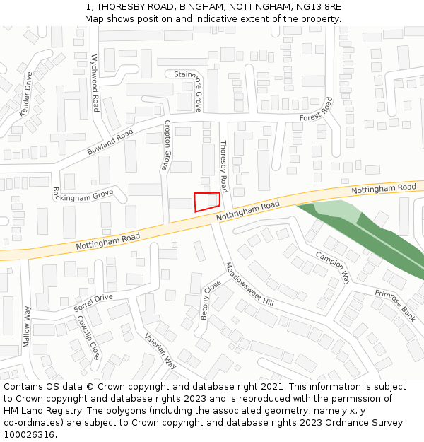 1, THORESBY ROAD, BINGHAM, NOTTINGHAM, NG13 8RE: Location map and indicative extent of plot