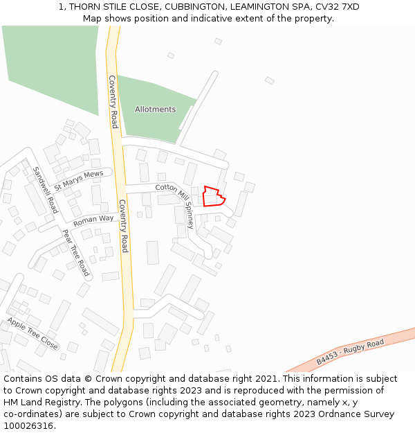1, THORN STILE CLOSE, CUBBINGTON, LEAMINGTON SPA, CV32 7XD: Location map and indicative extent of plot