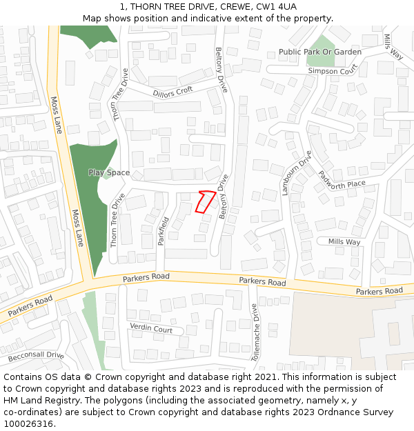 1, THORN TREE DRIVE, CREWE, CW1 4UA: Location map and indicative extent of plot