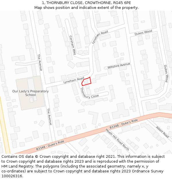 1, THORNBURY CLOSE, CROWTHORNE, RG45 6PE: Location map and indicative extent of plot