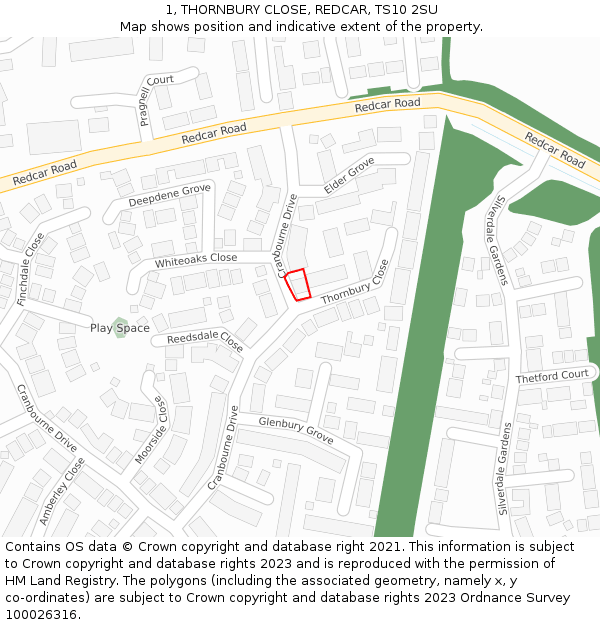 1, THORNBURY CLOSE, REDCAR, TS10 2SU: Location map and indicative extent of plot