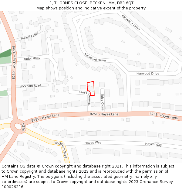 1, THORNES CLOSE, BECKENHAM, BR3 6QT: Location map and indicative extent of plot