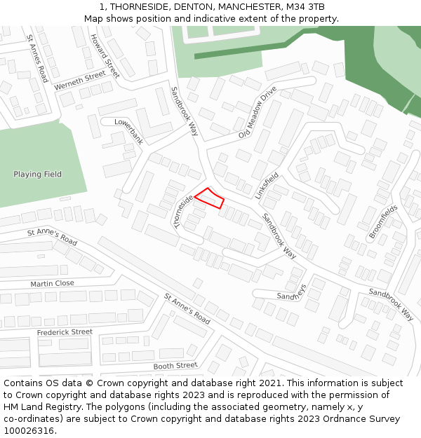 1, THORNESIDE, DENTON, MANCHESTER, M34 3TB: Location map and indicative extent of plot