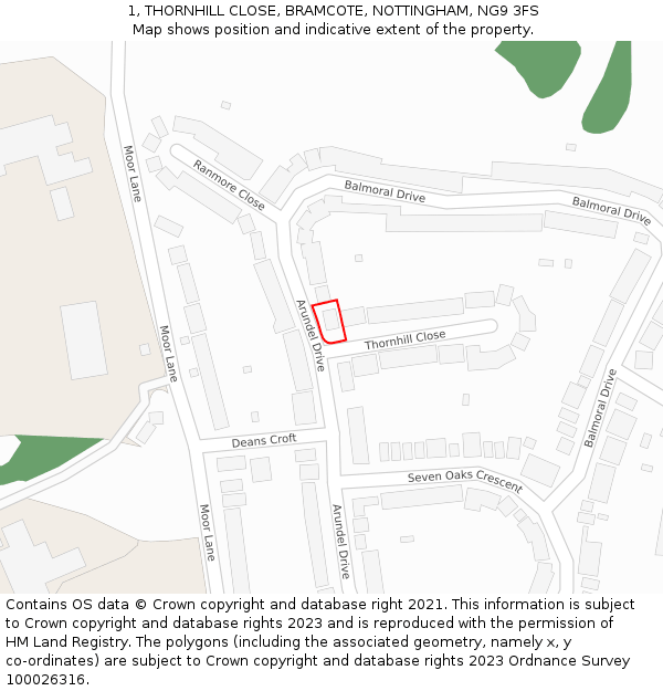 1, THORNHILL CLOSE, BRAMCOTE, NOTTINGHAM, NG9 3FS: Location map and indicative extent of plot