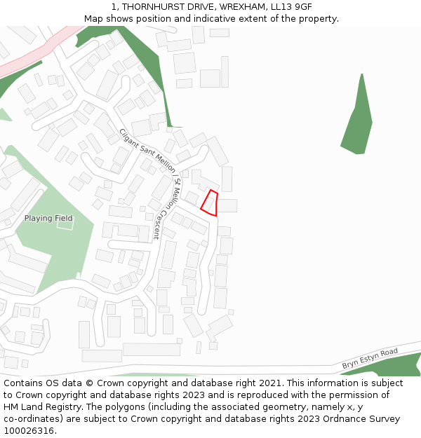 1, THORNHURST DRIVE, WREXHAM, LL13 9GF: Location map and indicative extent of plot