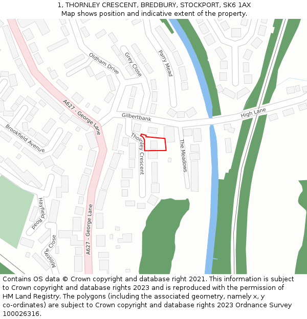 1, THORNLEY CRESCENT, BREDBURY, STOCKPORT, SK6 1AX: Location map and indicative extent of plot