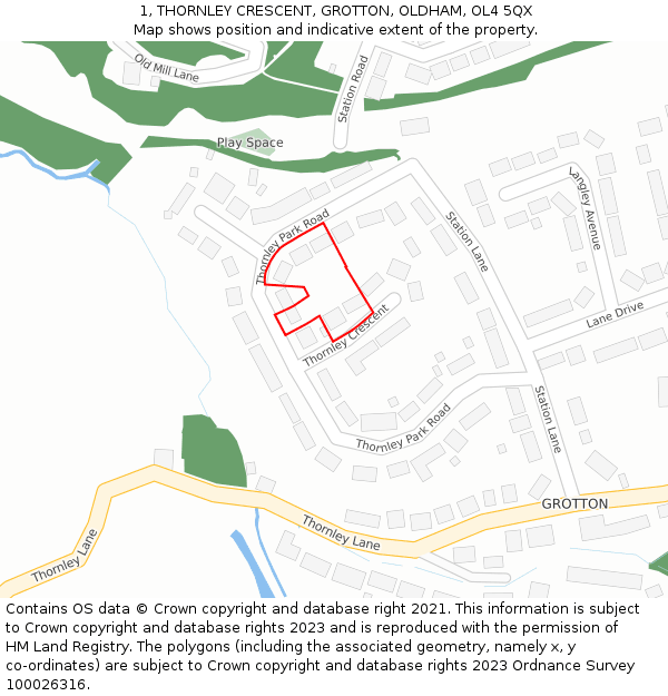 1, THORNLEY CRESCENT, GROTTON, OLDHAM, OL4 5QX: Location map and indicative extent of plot
