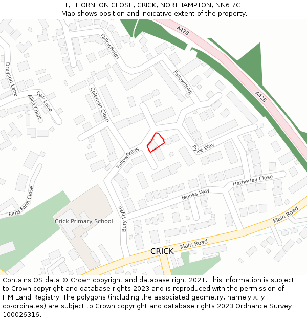 1, THORNTON CLOSE, CRICK, NORTHAMPTON, NN6 7GE: Location map and indicative extent of plot