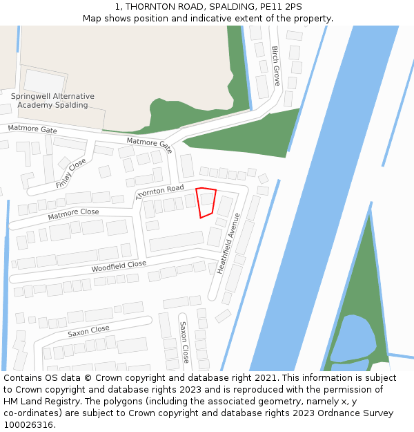 1, THORNTON ROAD, SPALDING, PE11 2PS: Location map and indicative extent of plot