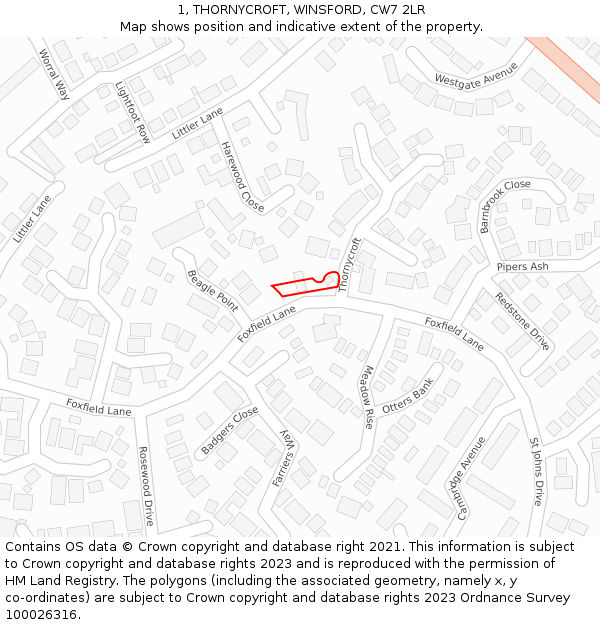 1, THORNYCROFT, WINSFORD, CW7 2LR: Location map and indicative extent of plot