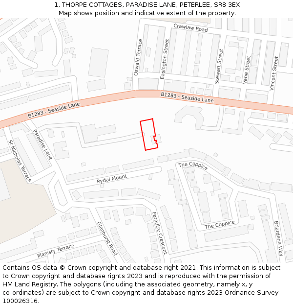 1, THORPE COTTAGES, PARADISE LANE, PETERLEE, SR8 3EX: Location map and indicative extent of plot