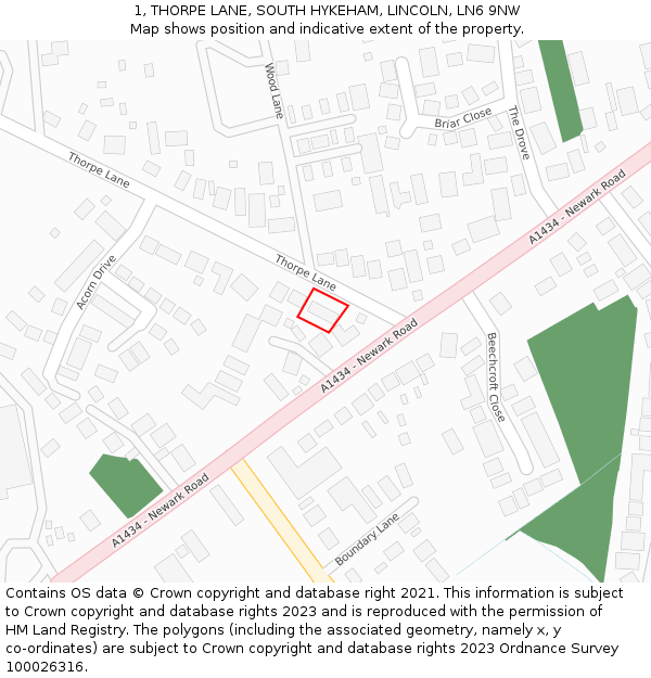 1, THORPE LANE, SOUTH HYKEHAM, LINCOLN, LN6 9NW: Location map and indicative extent of plot