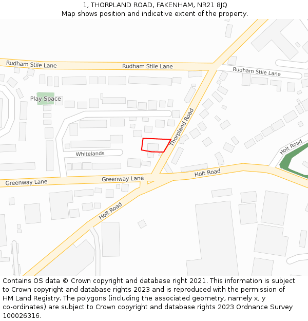 1, THORPLAND ROAD, FAKENHAM, NR21 8JQ: Location map and indicative extent of plot