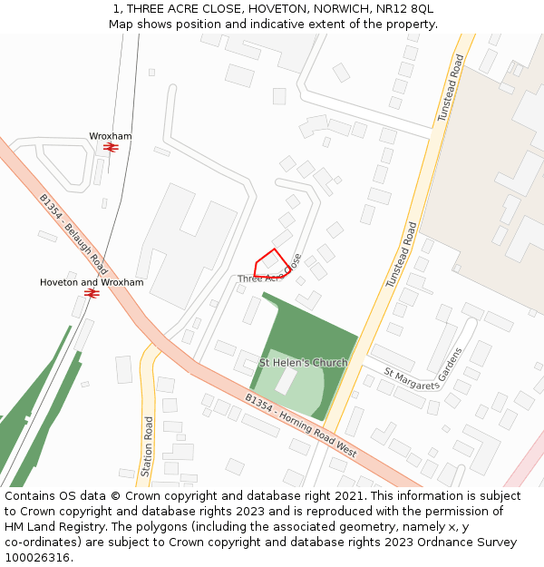 1, THREE ACRE CLOSE, HOVETON, NORWICH, NR12 8QL: Location map and indicative extent of plot